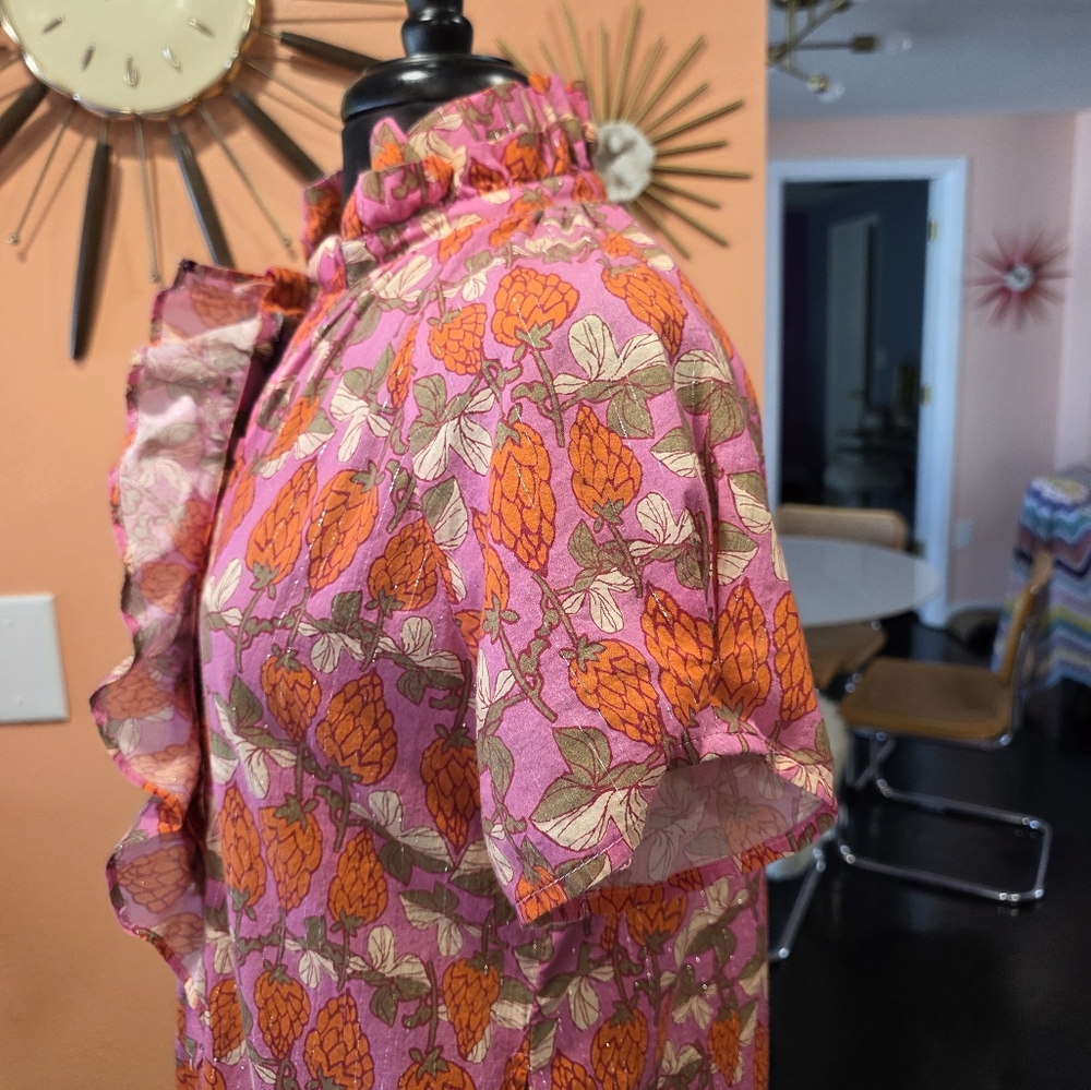 Boho Chic Small Floral Pink Ruffle Dress Buttin Down Hippie Retro Girlie - Picture 4 of 15